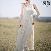 【初色】純色盤扣V領長袖襯衫+古典刺繡高腰顯瘦無袖吊帶連衣裙洋裝-白色共2款-33811(M-XL可選) XL 白色吊帶裙