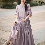 【初色】簡約風純色圓領五分短袖中長裙連衣裙連身洋裝長洋裝-共2色-33816(M-XL可選) M 紫色