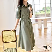 【初色】純色襯衫領排釦短袖收腰顯瘦中長裙連身洋裝連身裙洋裝-灰綠色-33825(M-2XL可選) M 灰綠色