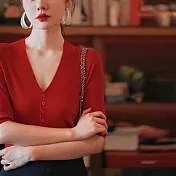 【MsMore】 氣質優雅薄款絲V領短袖德國揚子紗針織短版上衣# 122370 FREE 紅色
