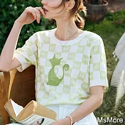 【MsMore】 法式棋盤格針織衫貓咪刺繡短袖氣質圓領短版上衣# 122442 FREE 綠色