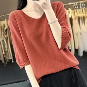 【初色】通勤穿搭簡約V領棉麻柔軟親膚寬鬆顯瘦五分短袖針織T恤上衣女上衣-共5色-33841(F可選) F 茄紅色