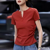 【MsMore】 紅寶石小蠻腰短袖T恤炸街顯瘦V領收腰短版上衣# 122565 M 紅色