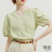 【初色】法式V領泡泡袖短袖T恤上衣純色襯衫女上衣-共2色-34747(M-XL可選) L 綠色