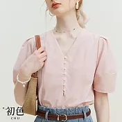 【初色】法式V領泡泡袖短袖T恤上衣純色襯衫女上衣-共2色-34747(M-XL可選) XL 粉色
