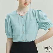 【初色】純色圓領法式泡泡袖T恤上衣短袖襯衫女上衣-共3色-34748(M-2XL可選) 2XL 藍色