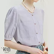 【初色】純色圓領法式泡泡袖T恤上衣短袖襯衫女上衣-共3色-34748(M-2XL可選) 2XL 紫色
