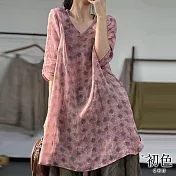 【初色】棉麻風中長款五分短袖V領上衣復古印花女上衣-粉色-34762(L-2XL可選) XL 粉色