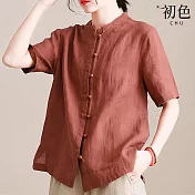 【初色】復古棉麻風純色單排釦立領短袖襯衫上衣女上衣-共3色-34812(M-2XL可選) L 焦糖色