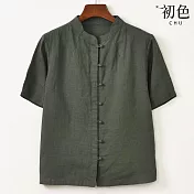 【初色】復古棉麻風純色單排釦立領短袖襯衫上衣女上衣-共3色-34812(M-2XL可選) L 綠色