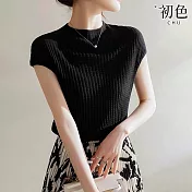 【初色】韓版休閒純色舒適顯瘦圓領短袖針織T恤上衣女上衣-共3色-34712(F可選) F 黑色