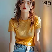 【初色】休閒純色圓領針織短袖T恤針織衫上衣女上衣-黃色-34714(F可選) F 黃色