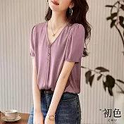 【初色】純色緞面V領短袖鈕扣襯衫上衣女上衣-紫色-34613(M-2XL可選) L 紫色