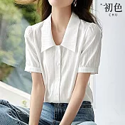 【初色】純色肌理感紋理翻領短袖泡泡袖襯衫上衣女上衣-白色-34606(M-2XL可選) 2XL 白色