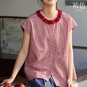 【初色】復古風蕾絲花邊圓領蓋肩袖無袖格紋背心襯衫上衣女上衣-共2色-34800(M-2XL可選) XL 紅色