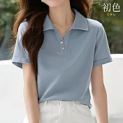 【初色】休閒簡約純色POLO領V領短袖T恤上衣女上衣-共2色-34612(M-2XL可選) M 藍色
