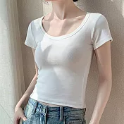 【MsMore】 短款短袖T恤圓領露鎖骨設計感修身百搭上衣# 122572 M 白色