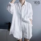 【初色】棉麻風格防曬薄款寬鬆翻領單排扣襯衫長袖上衣女上衣-白色-34803(M-3XL可選) 3XL 白色