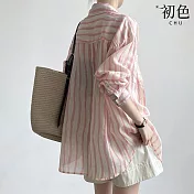 【初色】簡約風格豎條紋防曬透膚寬鬆翻領長袖襯衫上衣女上衣-粉色-34804(M-3XL可選) L 粉色