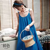【初色】日系時尚克萊因藍顯白寬鬆無袖吊帶裙連身裙長裙洋裝-藍色-68944(M-2XL可選) M 藍色