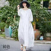 【初色】簡約風純色輕薄清涼寬鬆顯瘦圓領五分短袖中長裙連衣裙連身洋裝長洋裝-白色-34808(L/XL可選) L 白色