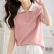【初色】運動風拼接條紋兔子刺繡POLO領短袖POLO衫T恤上衣女上衣-共2色-34607(M-2XL可選) XL 粉紅色