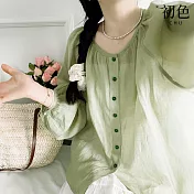 【初色】法式寬鬆素色圓領燈籠袖長袖襯衫上衣女上衣-綠色-34692(M-2XL可選) M 綠色