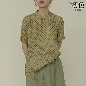【初色】復古寬鬆波點印花盤扣立領短袖襯衫上衣女上衣-綠色-34694(M-2XL可選) M 綠色