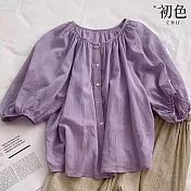 【初色】法式抽皺圓領寬鬆五分袖短袖娃娃衫襯衫上衣女上衣-紫色-34696(M-2XL可選) XL 紫色
