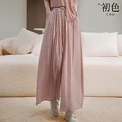 【初色】純色復古鬆緊腰皺褶闊腿寬鬆休閒褲寬褲長褲褲裙-共4色-34855(M-2XL可選) 2XL 粉色