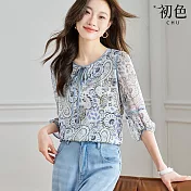【初色】暈染圖騰印花輕薄透膚涼爽半開領七分長袖上衣女上衣-藍色-34825(M-2XL可選) L 藍色