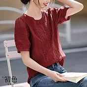 【初色】純色復古蕾絲刺繡泡泡袖短袖圓領襯衫上衣女上衣-紅色-34827(M-2XL可選) L 紅色