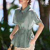 【初色】簡約風單排釦收腰顯瘦翻領短袖襯衫上衣女上衣-綠色-34863(M-2XL可選) M 綠色