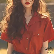 【初色】法式純色翻領短袖T恤襯衫上衣復古風口袋女上衣-紅色-34746(M-2XL可選) M 紅色