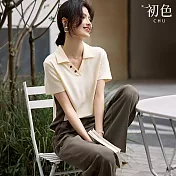 【初色】撞色翻領短袖上衣女上衣+純色休閒褲直筒寬褲長褲套裝-卡其色-34905(M-2XL可選) M 卡其色