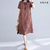 【AMIEE】棉麻印花圓領短袖連身裙洋裝(KDDY-2305) M 紅色