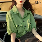 【初色】純色簡約翻領排扣短袖泡泡袖寬鬆雪紡襯衫雪紡衫上衣女上衣-綠色-35059(M-2XL可選) M 綠色