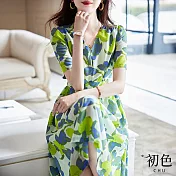 【初色】雪紡植物印花收腰顯瘦V領短袖中長裙連衣裙連身洋裝長洋裝-藍綠色-35102(M-2XL可選) L 藍綠色