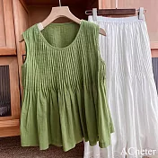 【ACheter】 超重工全手工壓條棉麻混紡圓領無袖短款背心短版上衣# 122639 M 綠色