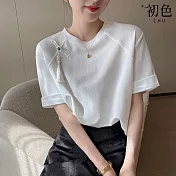 【初色】中式簡約風純色流蘇短袖圓領T恤上衣女上衣-白色-34982(M-2XL可選) M 白色