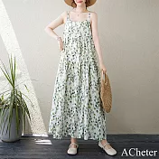 【ACheter】 棉麻印花薄款拼接長裙吊帶寬鬆顯瘦大擺蛋糕長版洋裝# 122668 FREE 花紋色