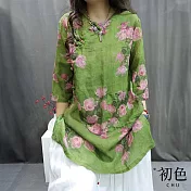 【初色】亞麻風新中式印花盤扣寬鬆V領七分短袖襯衫上衣女上衣-共3色-34856(M-2XL可選) M 綠色