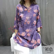 【初色】亞麻風新中式印花盤扣寬鬆V領七分短袖襯衫上衣女上衣-共3色-34856(M-2XL可選) M 紫色