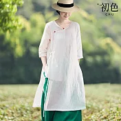 【初色】中國風禪意純色開岔綁帶盤扣寬鬆V領五分袖上衣女上衣-白色-35130(M-2XL可選) XL 白色