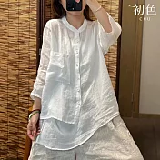 【初色】素色棉麻透氣輕薄不規則設計休閒立領七分袖襯衫上衣女上衣-共4色-35133(M-2XL可選) 2XL 白色