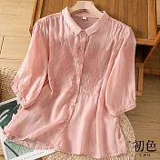 【初色】棉麻風翻領純色繡花短袖襯衫上衣女上衣-共3色-35084(M-2XL可選) L 粉色