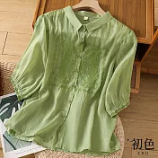 【初色】棉麻風翻領純色繡花短袖襯衫上衣女上衣-共3色-35084(M-2XL可選) L 綠色