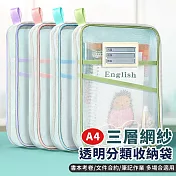 【EZlife】A4三層加厚網紗分隔L型收納袋 綠色