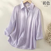 【初色】純色拼接輕薄紋理翻領七分長袖襯衫上衣女上衣-共2色-34427(M-3XL可選) L 紫色