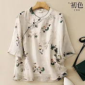 【初色】新中式復古風植物花卉印花立領五分短袖襯衫上衣女上衣-白色-35167(M-2XL可選) 2XL 白色